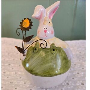 Ceramic Easter Bunny Sculpture Hand Painted Spring Preowned
